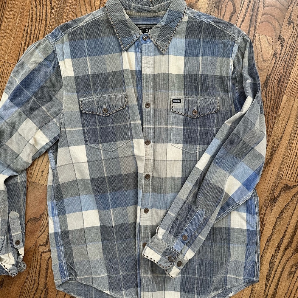 True Grit Gray and Blue Plaid Corduroy Button Down Shirt